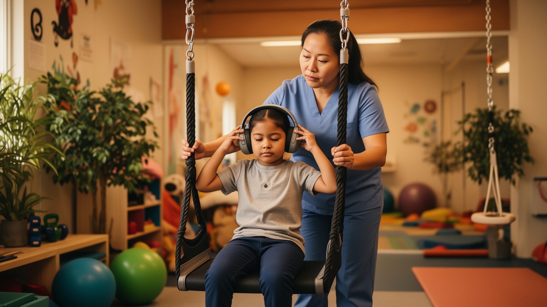 Therapist supporting a child with motor and balance skills